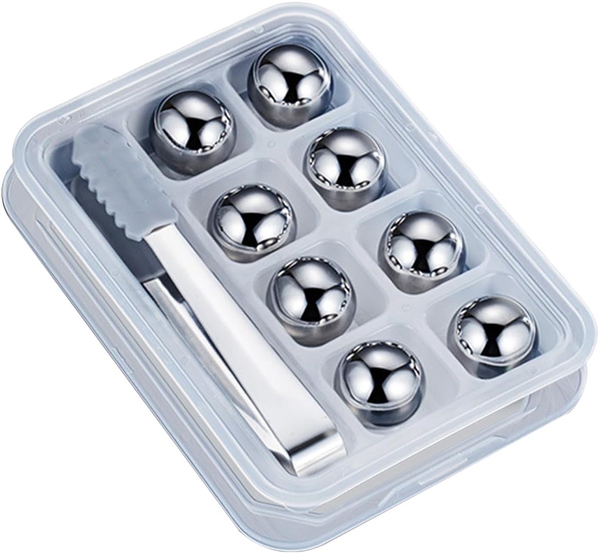 Herbruikbare Ijsballen - RVS IJskogels - Dranken Koelen - Geen Verdunning - 8 Stuks Met Tang - Zilverkleurig