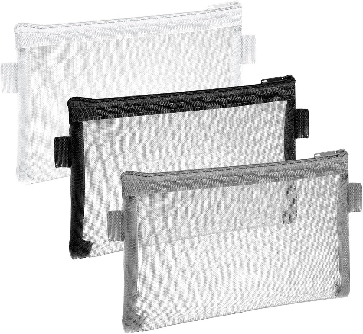 Etui Set - Opbergzakjes Rits - School Werk Reizen - Mesh Materiaal - 21.5 x 11 CM - Zwart Wit Grijs