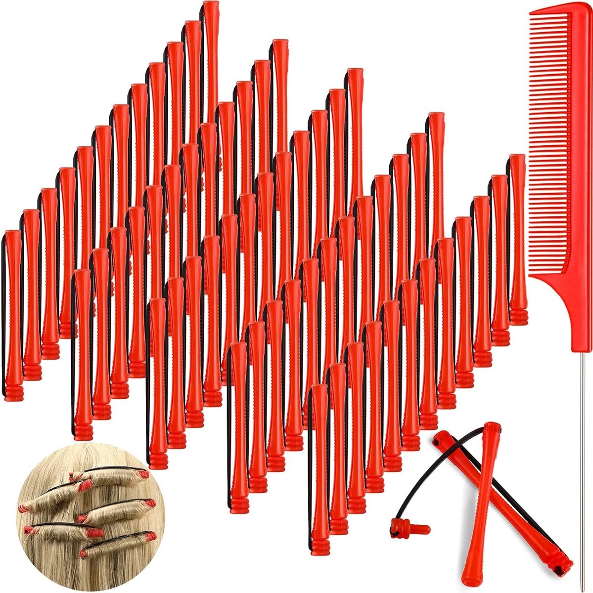 60 Stuks Kort Haar Permanente Staven voor Koude Golf, Krulrollers met Stalen Pintail Kam voor Haarstyling en Kapsels (0.5cm, Rood)