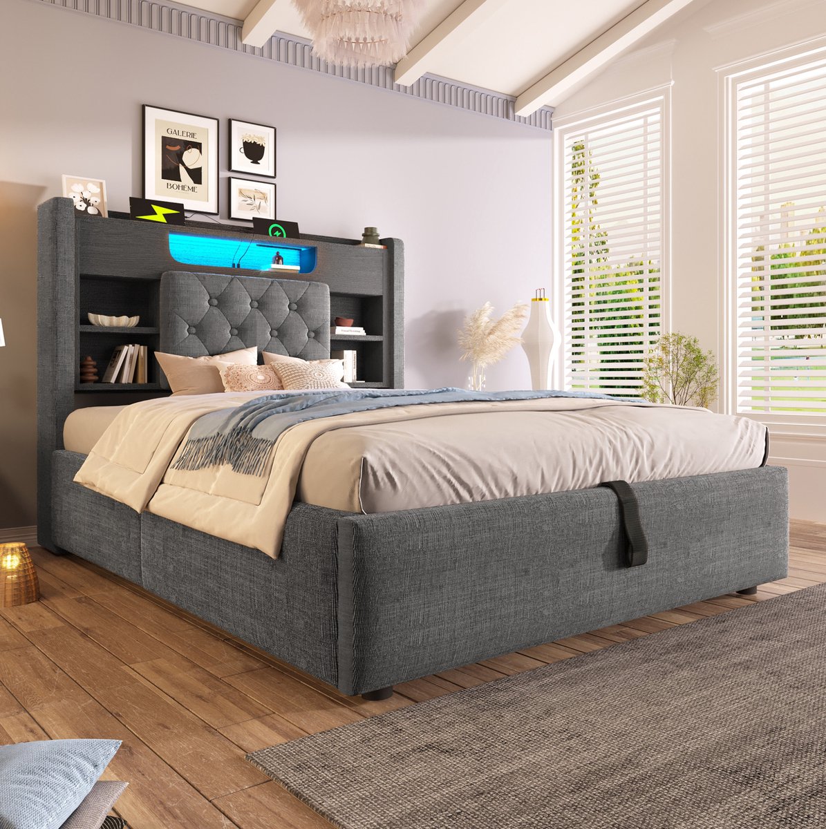 MEUNIQ gestoffeerd bed 90x200 cm met hydraulische opbergruimte, LED-verlichting, USB en USB-C, hoofdbord met planken, lattenbodem, grijs