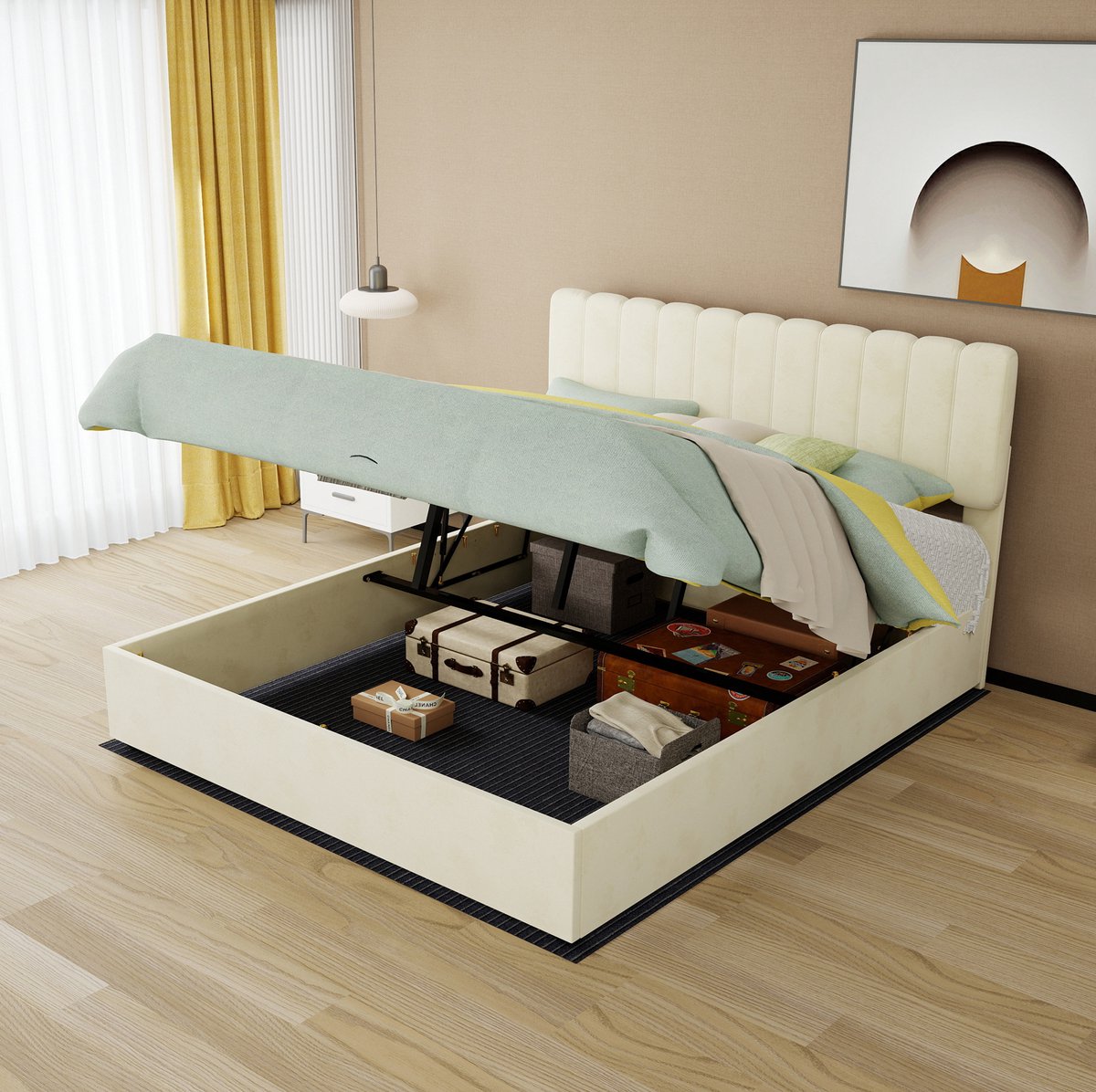 MEUNIQ normaal bed 160x200 cm met opbergruimte en gaslift, gestoffeerd bedframe met lattenbodem en hoog hoofdbord voor slaapkamer, beige