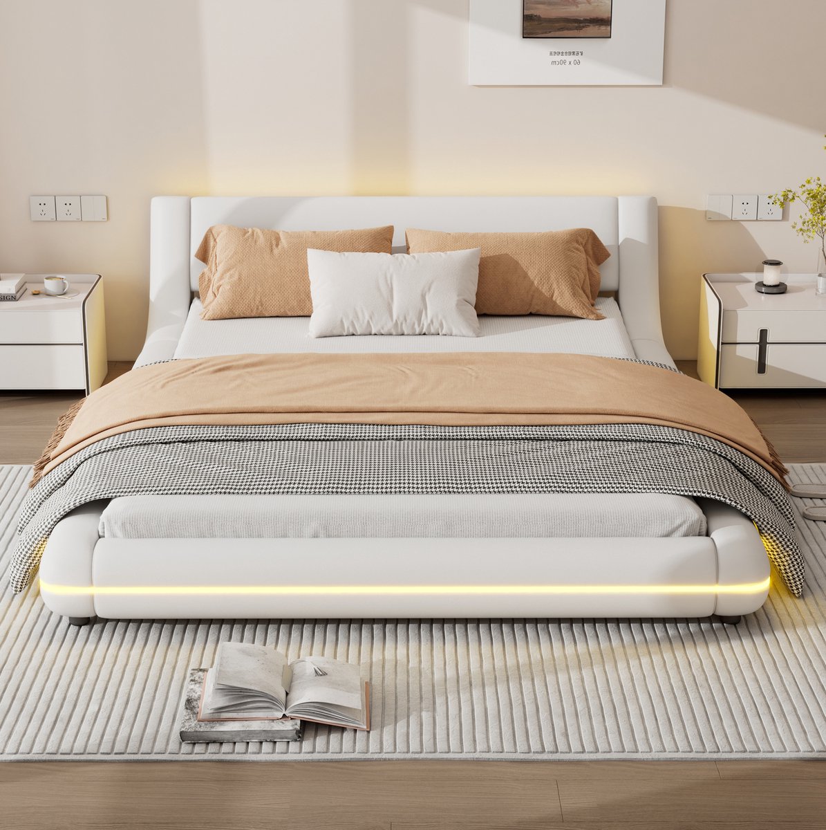 MEUNIQ normaal bed 140x200 cm met LED-verlichting en lattenbodem, laag bedframe van kunstleer en MDF voor slaapkamer, wit