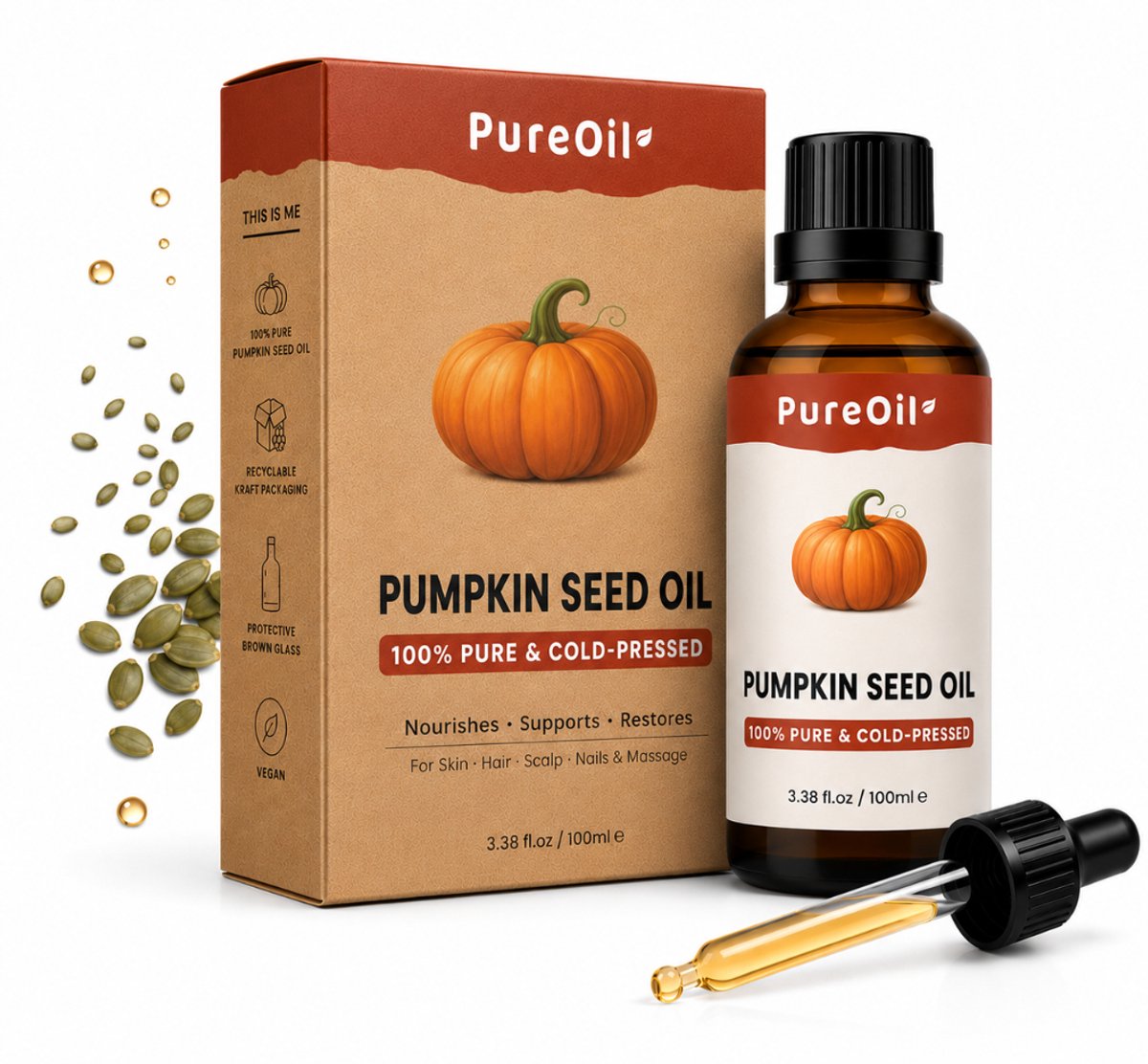 PureOil – Pumpkin Seed Oil – 100ml – Pompoenpitolie Koudgeperst & Hexaanvrij – 100% Puur, Natuurlijk & Vegan – Pompoenzaadolie Voor Haar | Huid | Gezicht | Scalp | Wimpers | Wenkbrauwen | Nagels | Massage - Incl. Ebook