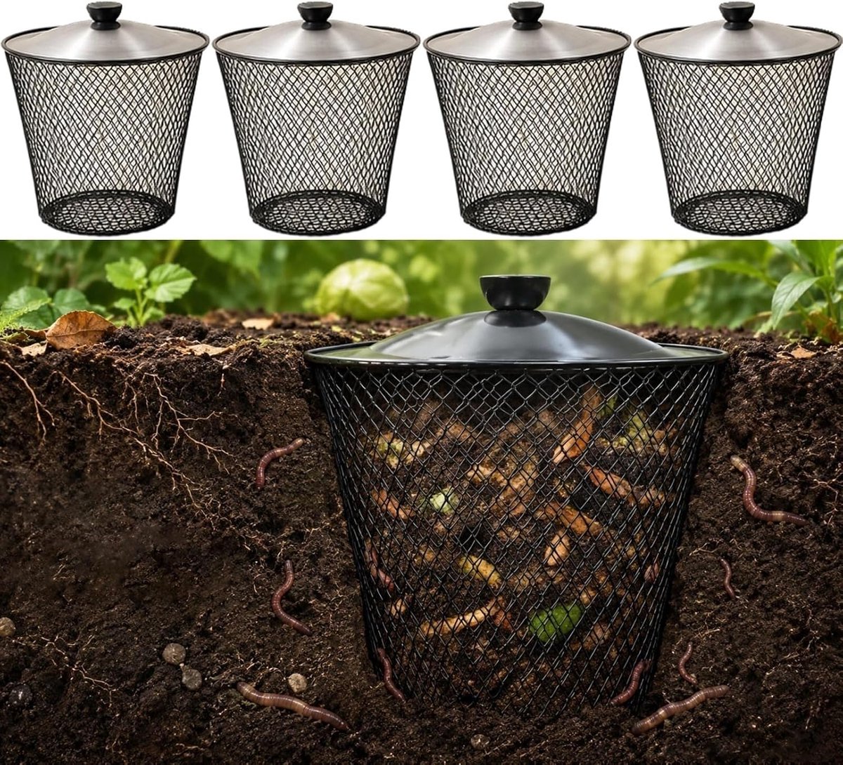 Ondergrondse Compostbak - Wormenbak Inbouw - Afval Verwerken - Geventileerde Gaasstructuur - 4 Stuks - Zilver