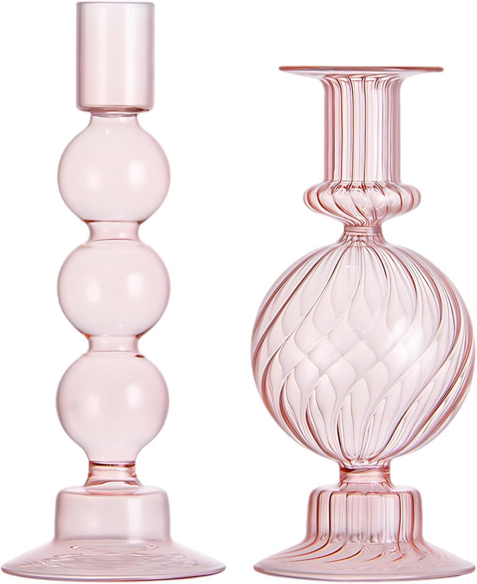 Glazen Kandelaars - Kaarsen Houders - Sfeer Creëren - Geribbeld Design - Set van 2 - Roze