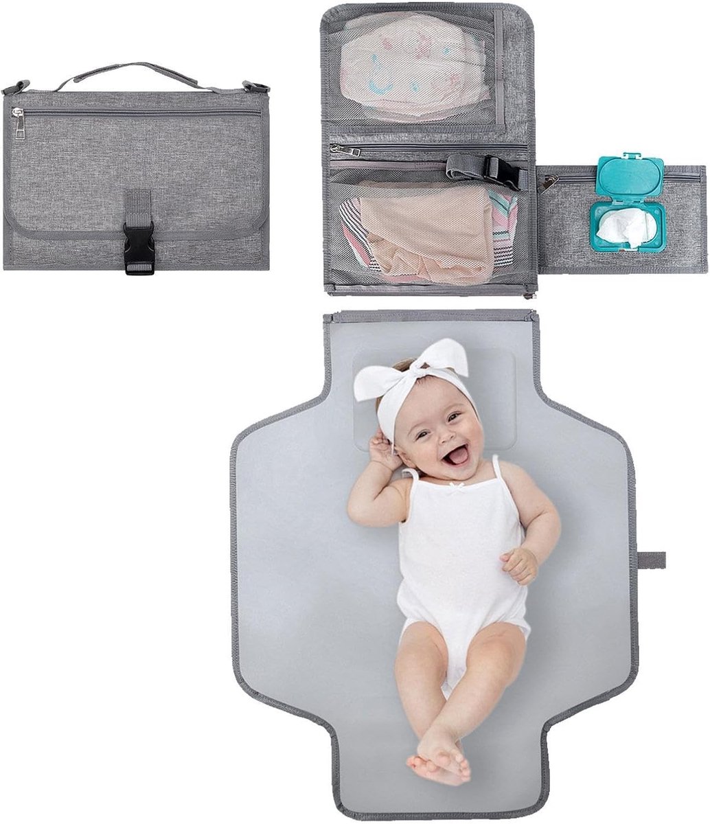 Draagbaar Verschoningsstation - Aankleedkussen Baby - Onderweg Luiers Verschoon - Waterdicht Oxford Stof - 28.5 x 20 cm - Grijs