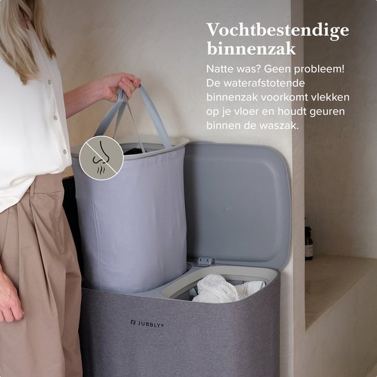 Jubbly® - Wasmand - Wassorteerder - Wasmand met Deksel - Wasmand 2 vakken - Wasmand opvouwbaar - Wasbox - 50 Liter - Grijs - The Splitsmart