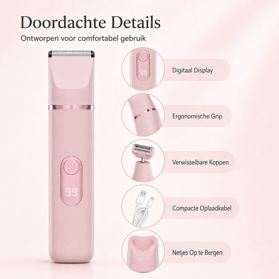 Roze ladyshave met digitaal display, ergonomische grip, verwisselbare koppen, oplaadkabel en houder.