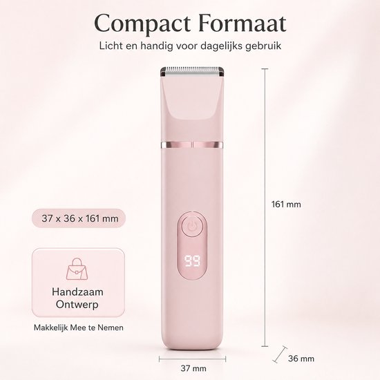 Roze ladyshave met digitaal display en afmetingen 37 x 36 x 161 mm, handzaam ontwerp.