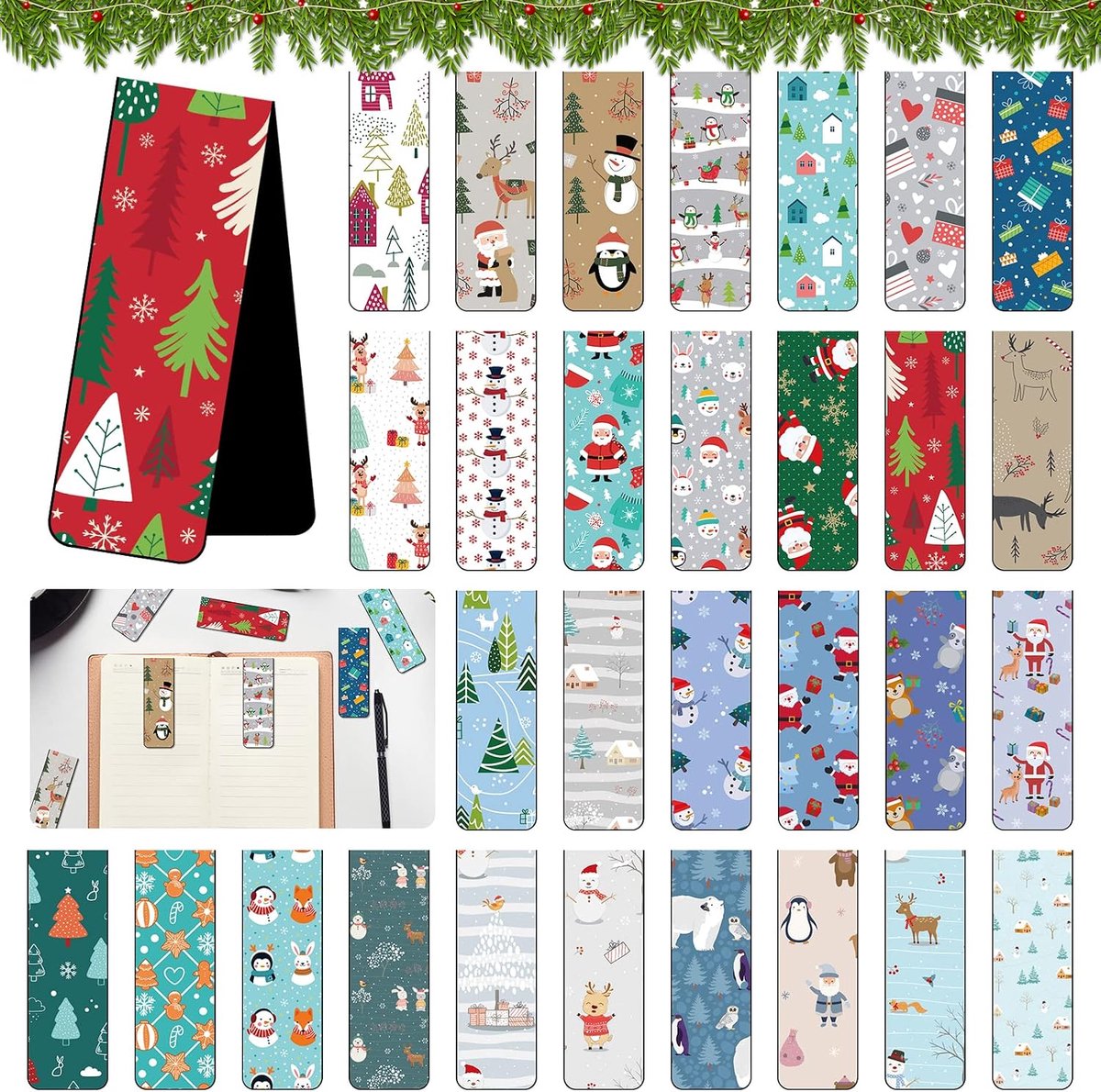 Magnetische kerst boekenleggers set - 30 stuks - kleurrijke patronen - ideaal voor school en thuis - ShopVlot