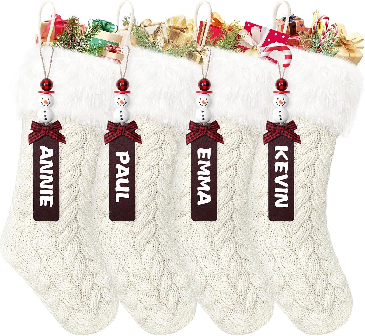 Kerstsokken set van 4 - Geweven wol - Sneeuwman naamplaatjes - Perfecte kerstdecoratie - ShopVlot