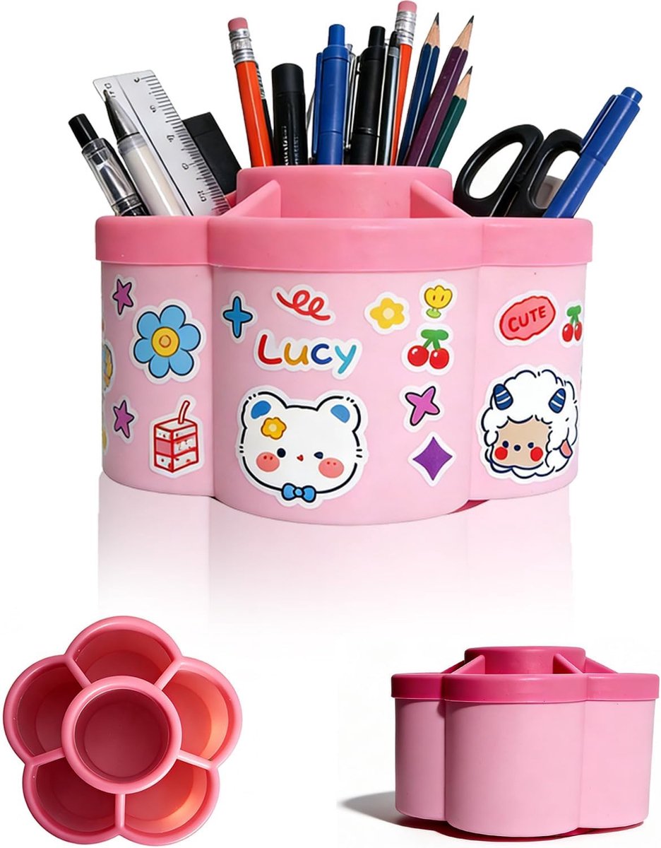 Penhouder 360° draaibaar - roze - 6-vaks bureau-organizer - ruimtebesparend voor pennen en make-up - ShopVlot