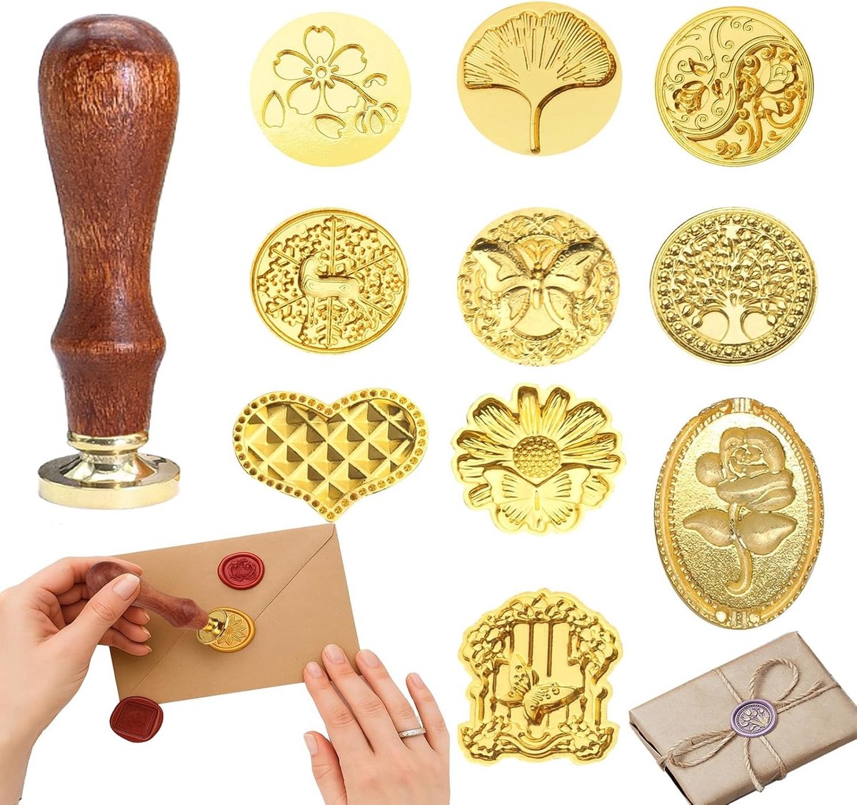 Multifunctionele Wax Seal Set met 10 Gegraveerde Koppen en Houten Handvat – Perfect voor Trouwinvitaties, Brieven en Creatieve Projecten