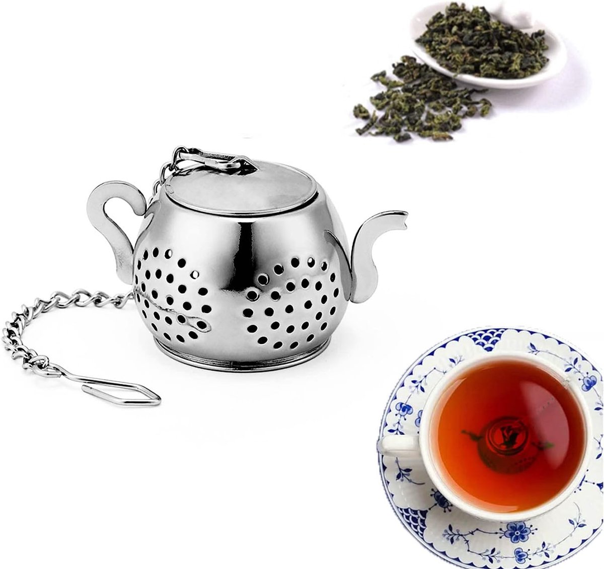 Theezetter voor losse thee - RVS theezeef - Dubbel gebruik deksel en tray - Houdt thee warm - m-winkel