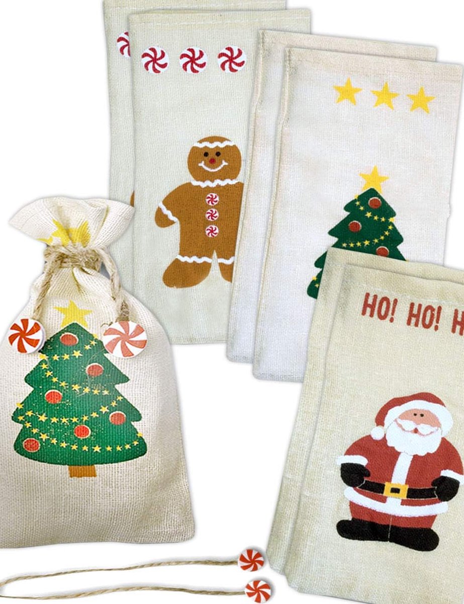 Jute kerstboomzakken set van 6 - 19 x 10 cm - kerstmotief - perfect voor cadeautjes - ShopVlot