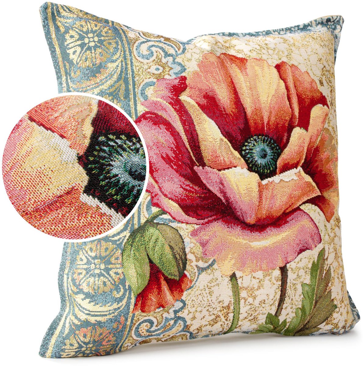 ANRO Sierkussen Klaproos 45x45cm – Jacquard Gobelin Inclusief Vulling Bank Woonkamer Decoratief