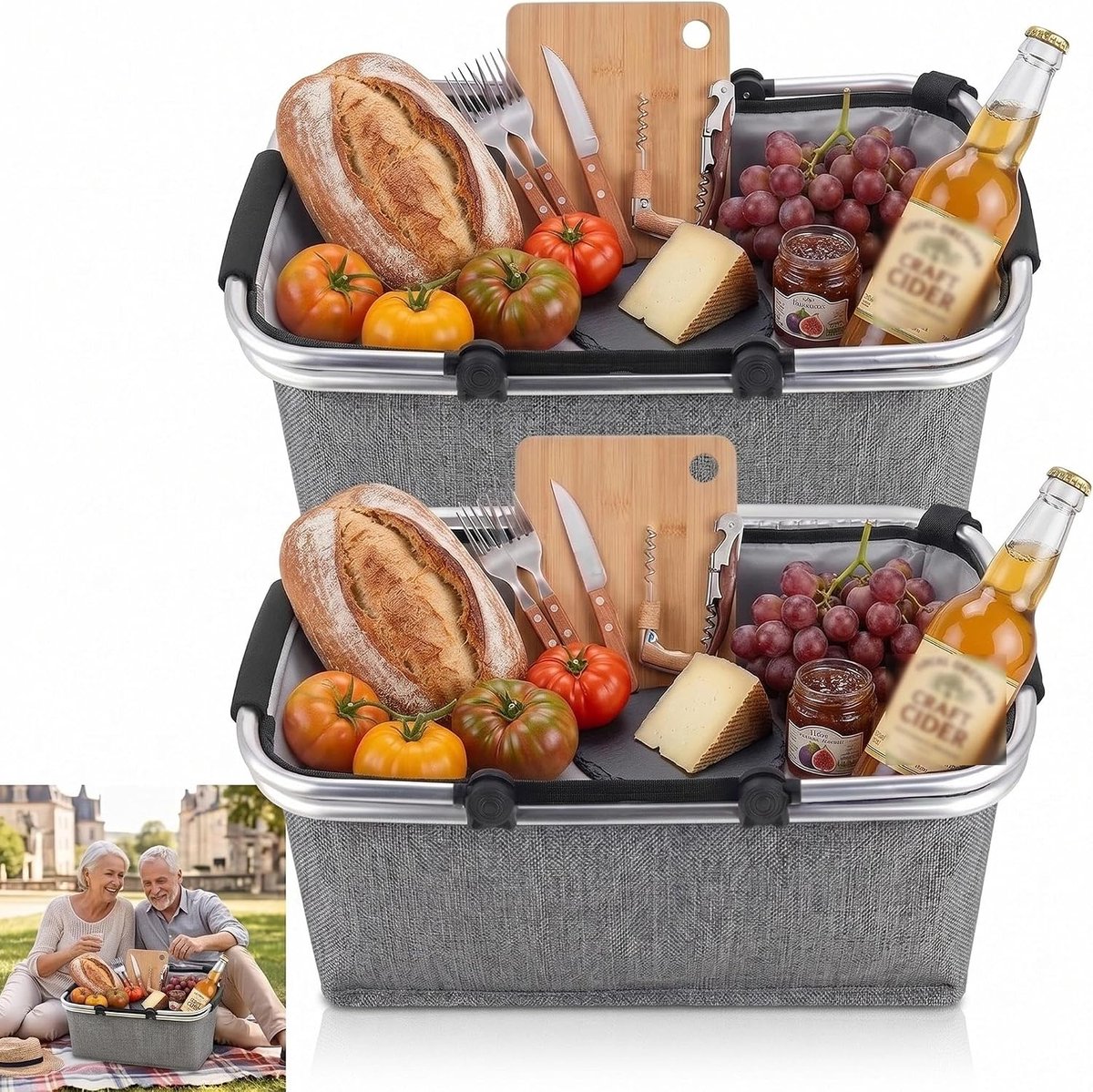 Vouwbare boodschappenmand 18 L - grijs - met koelfunctie - ideaal voor picknick - ShopVlot