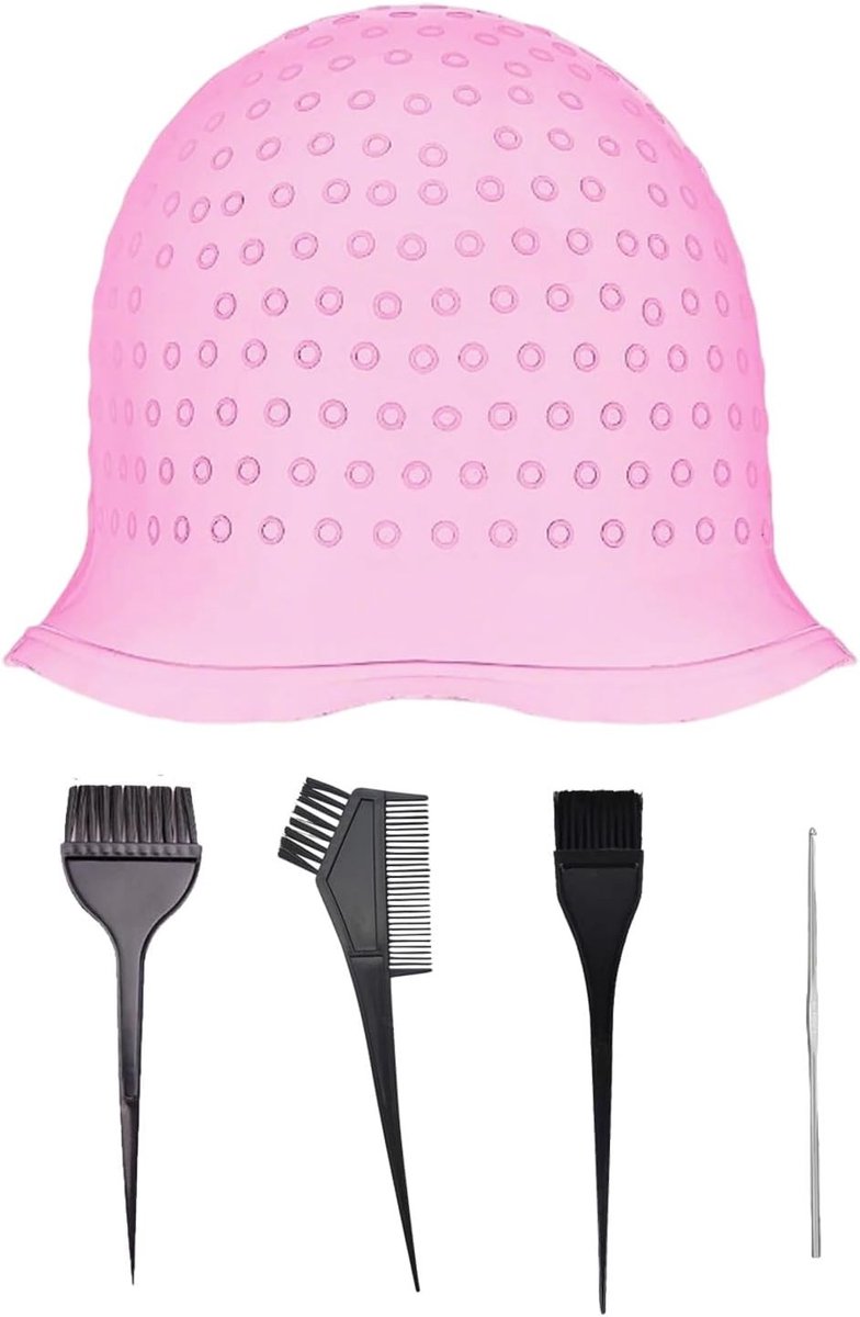 Professionele herbruikbare haarmuts van siliconen met gaten, complete set voor thuiskleuren inclusief naald en 3 verfkwasten, ideaal voor haarverf en haarstyling