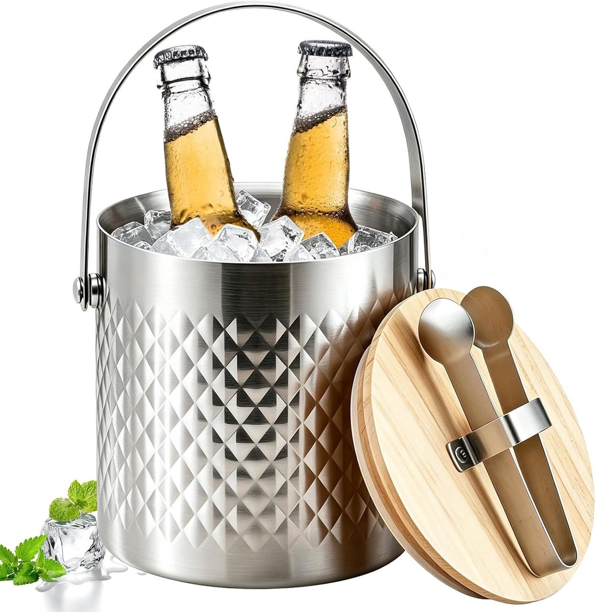 RVS IJsblokjeshouder met Deksel en Tang, Dubbelwandig en Geïsoleerd voor Wijn, Champagne en Fruit, Perfect voor Thuisbar en Feestjes