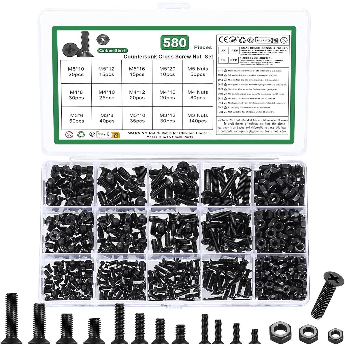 580pcs M3 M4 M5 Screw Set, Countersunk Head Screws Nut Set, Flat Head Screws and Nut Set, Phillips Machine Screws - ShopVlot