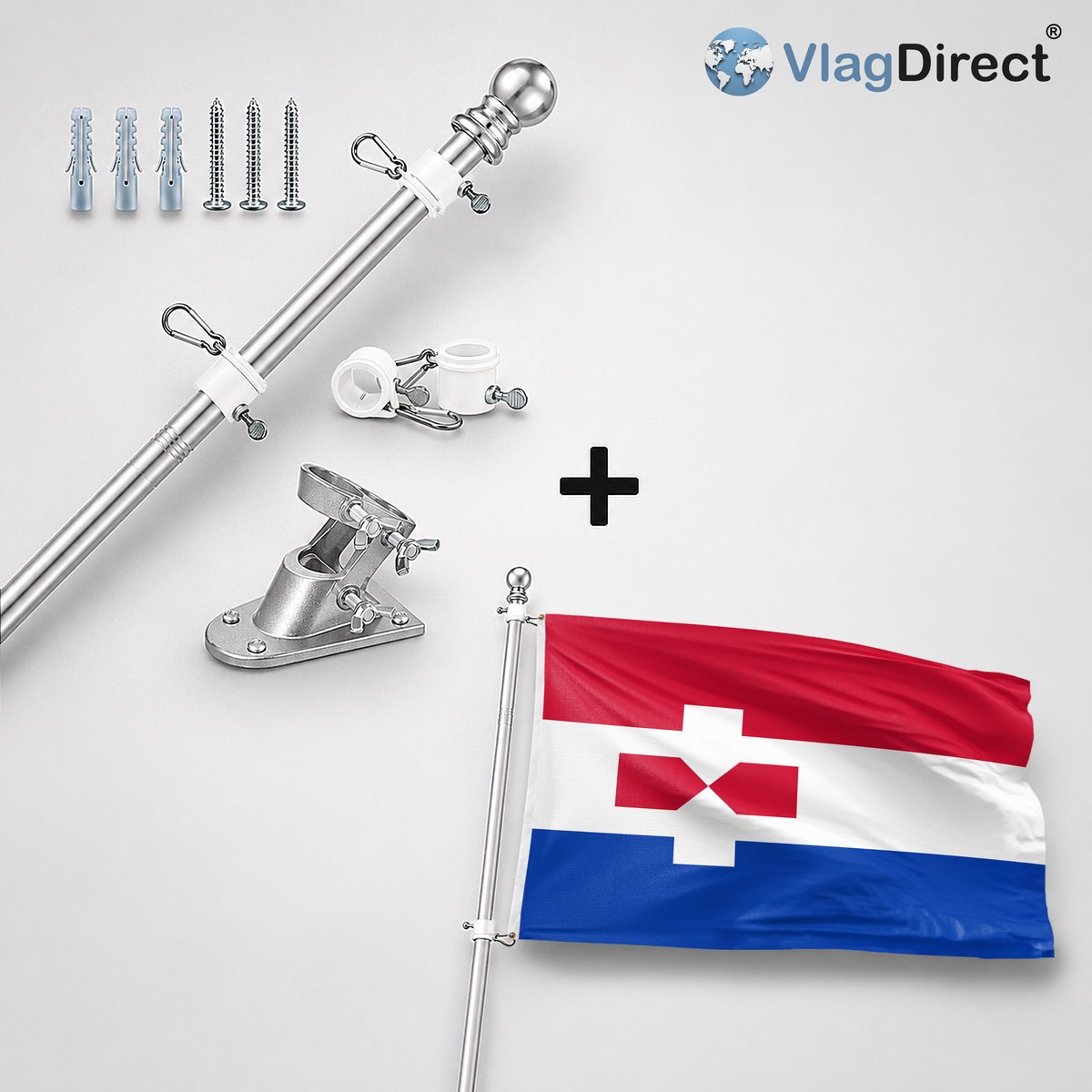 VlagDirect - Compleet vlaggenpakket - Zilveren vlaggenstok inclusief vlaggenstokhouder + Zaanstad vlag - Gemeente Zaanstad vlag - 90 x 150 cm.