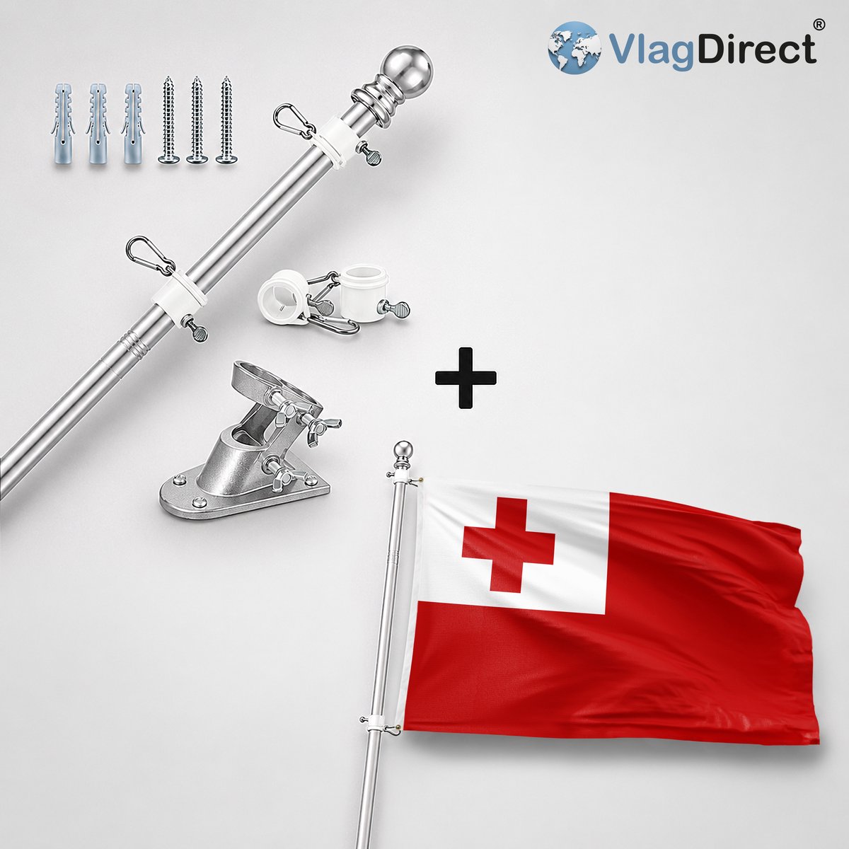 VlagDirect - Compleet vlaggenpakket - Zilveren vlaggenstok inclusief vlaggenstokhouder + Tongaanse vlag - Tonga vlag - 90 x 150 cm