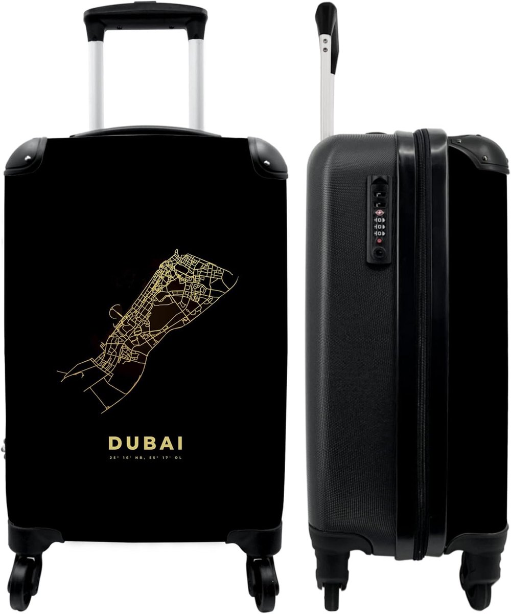 NoBoringSuitcases.com® Dubai Cabin Luggage, Trolley Suitcase, Small Travel Suitcase with 4 Wheels, Dubai, Gold, Map - ShopVlot
