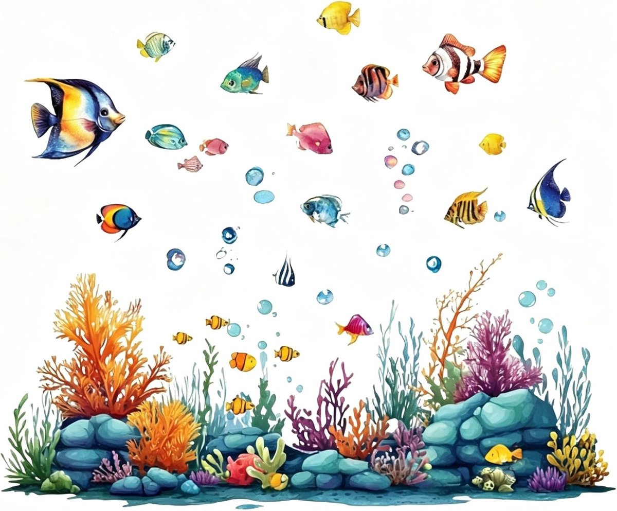 Muursticker onderwaterwereld zelfklevend 60x60cm waterverf muursticker met kleurrijke vissen & koralen voor badkamer - ShopVlot