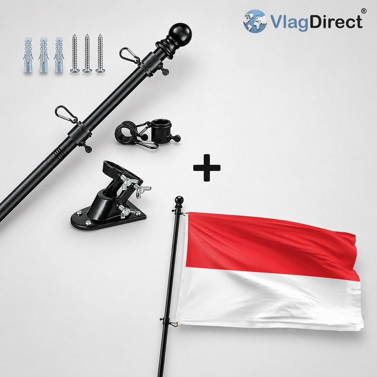 VlagDirect - Compleet vlaggenpakket - Zwarte vlaggenstok inclusief vlaggenstokhouder + Indonesische vlag - Indonesië vlag - 90 x 150 cm.