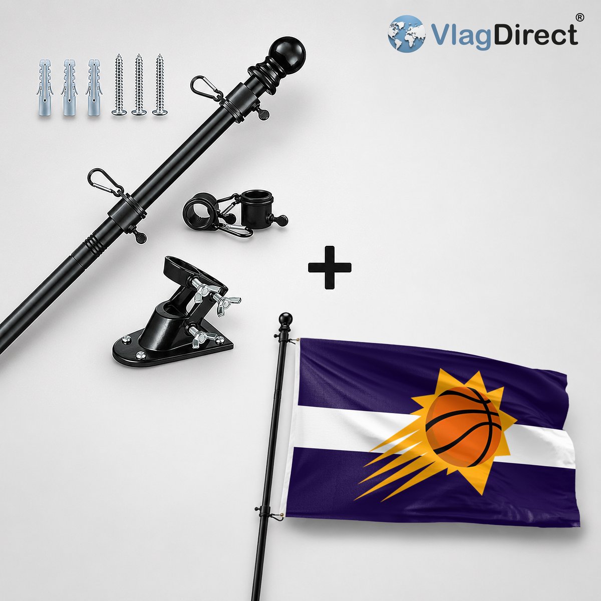 VlagDirect - Compleet vlaggenpakket - Zwarte vlaggenstok inclusief vlaggenstokhouder + Phoenix Suns vlag - Phoenix Suns basketbalteam vlag - 90 x 150 cm.