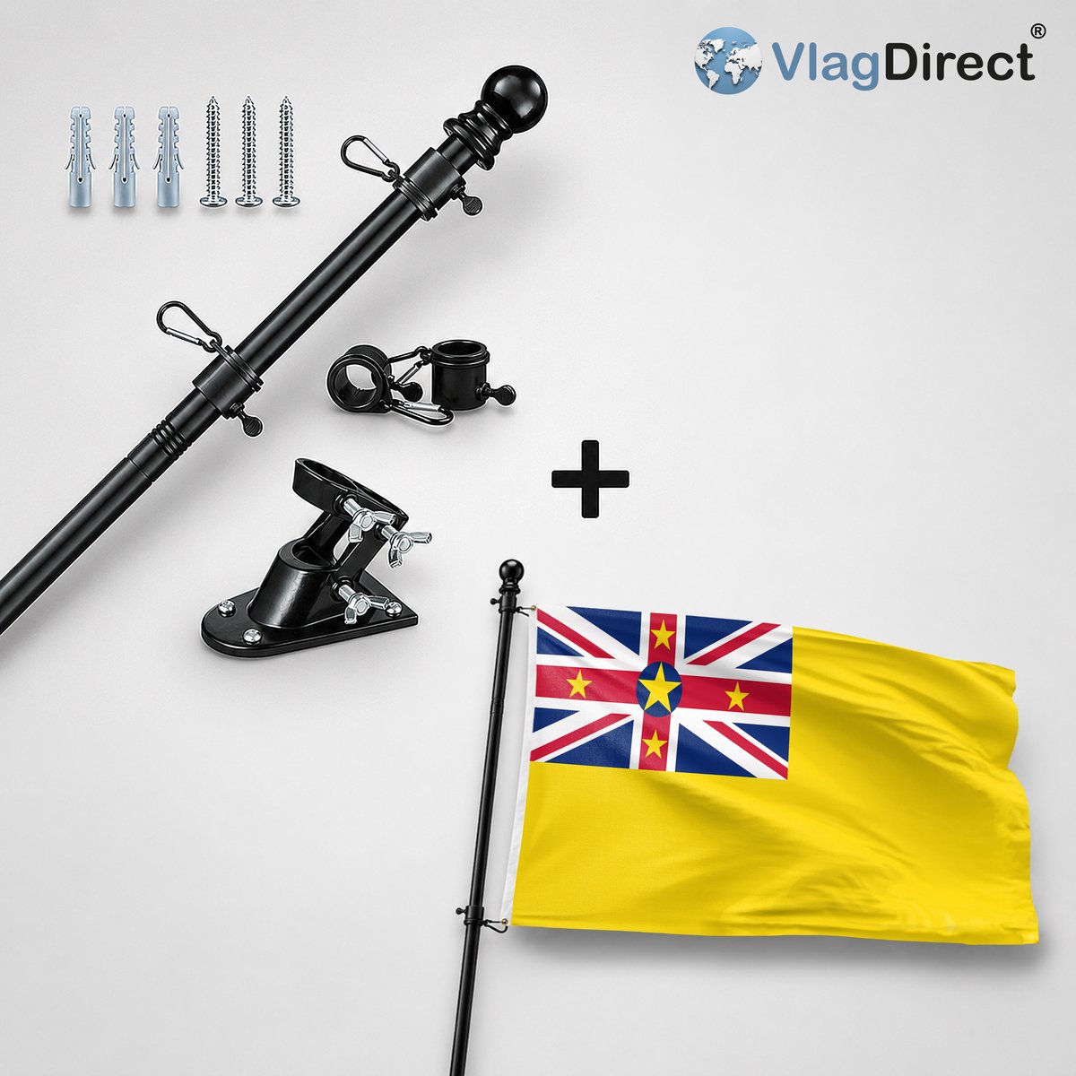VlagDirect - Compleet vlaggenpakket - Zwarte vlaggenstok inclusief vlaggenstokhouder + Niueaanse vlag - Niue vlag - 90 x 150 cm.