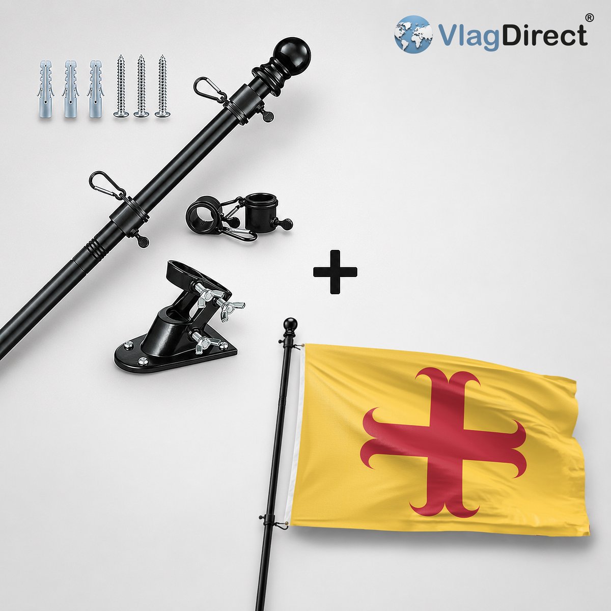VlagDirect - Compleet vlaggenpakket - Zwarte vlaggenstok inclusief vlaggenstokhouder + Oegstgeest vlag - Gemeente Oegstgeest vlag - 90 x 150 cm.