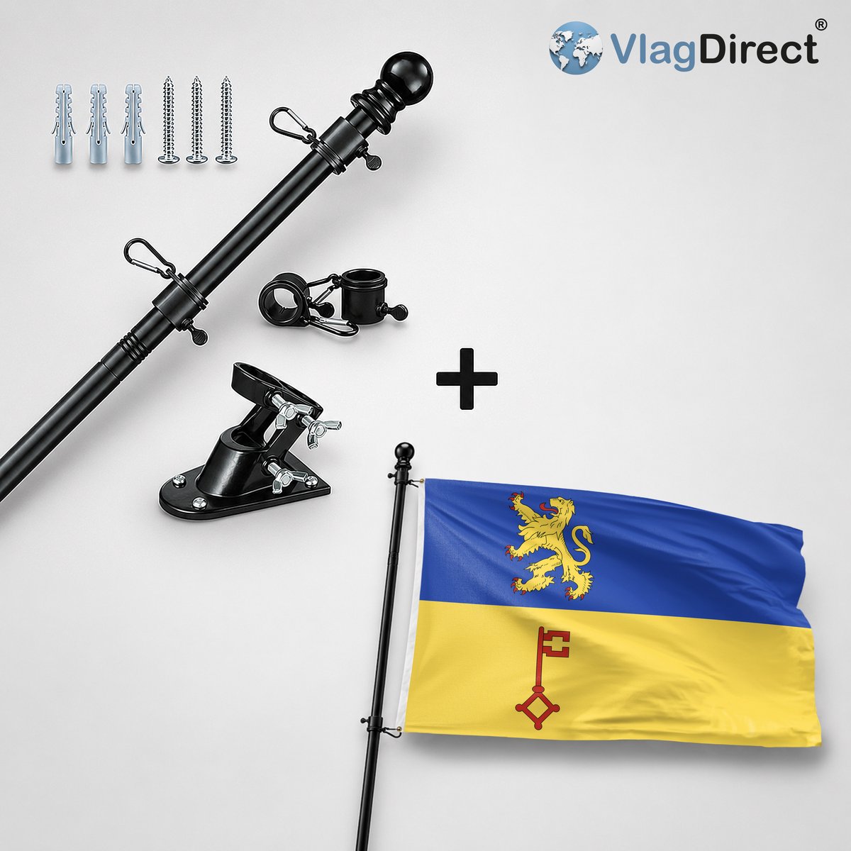 VlagDirect - Compleet vlaggenpakket - Zwarte vlaggenstok inclusief vlaggenstokhouder + Vught vlag - Gemeente Vught vlag - 90 x 150 cm.