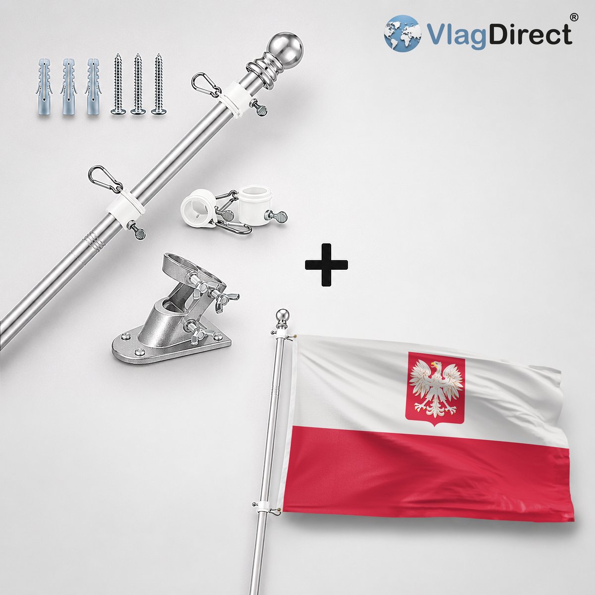 VlagDirect - Compleet vlaggenpakket - Zilveren vlaggenstok inclusief vlaggenstokhouder + Poolse vlag - Polen vlag - 90 x 150 cm.