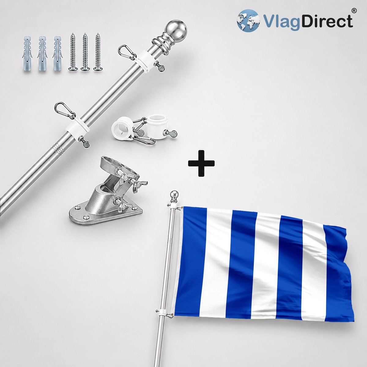VlagDirect - Compleet vlaggenpakket - Zilveren vlaggenstok inclusief vlaggenstokhouder + Berlaarse vlag - Gemeente Berlaar vlag - 90 x 150 cm.