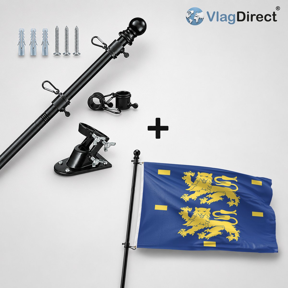 VlagDirect - Compleet vlaggenpakket - Zwarte vlaggenstok inclusief vlaggenstokhouder + West-Friese vlag - Regio West-Friesland vlag - 90 x 150 cm.
