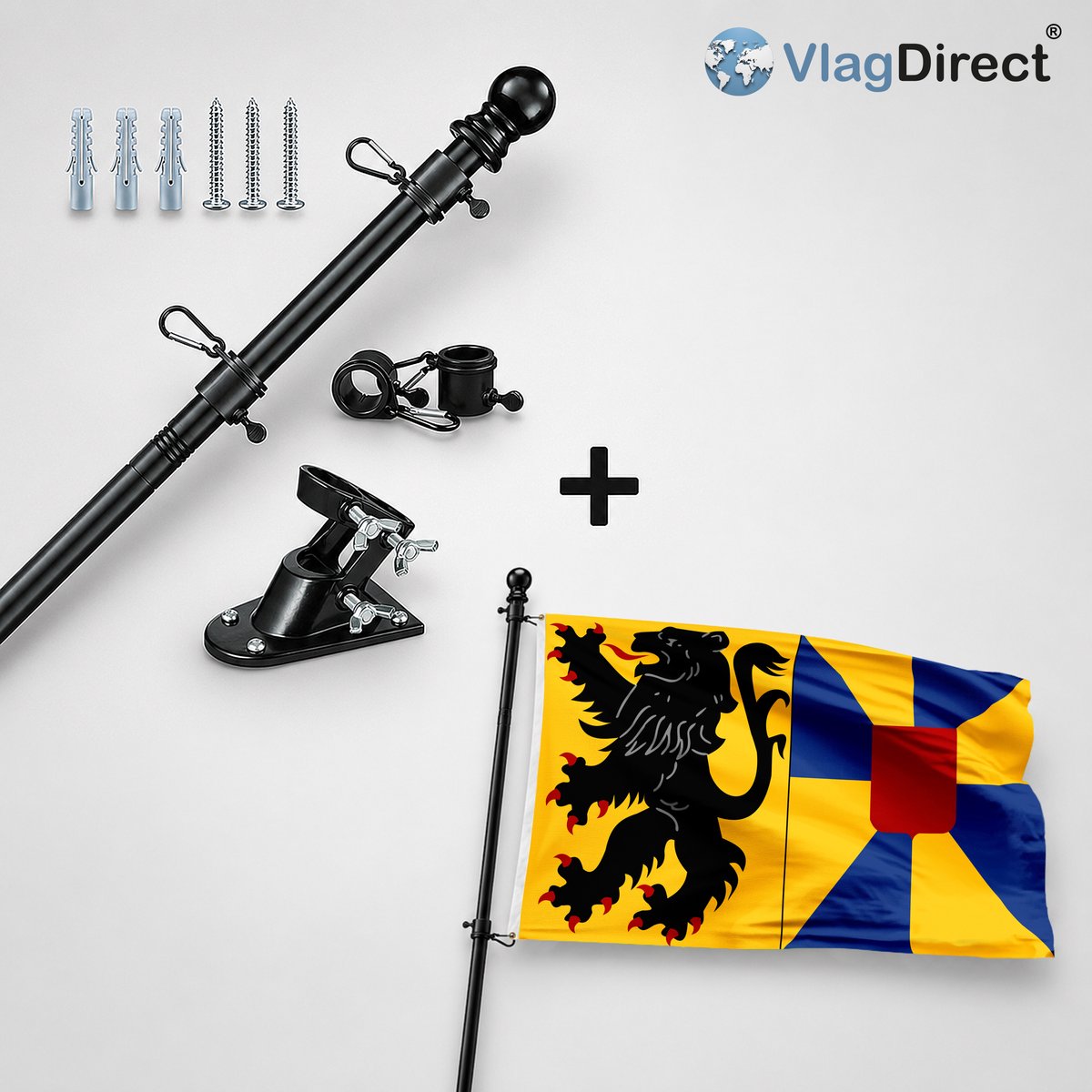 VlagDirect - Compleet vlaggenpakket - Zwarte vlaggenstok inclusief vlaggenstokhouder + Kortemarkse vlag - Gemeente Kortemark vlag - 90 x 150 cm.