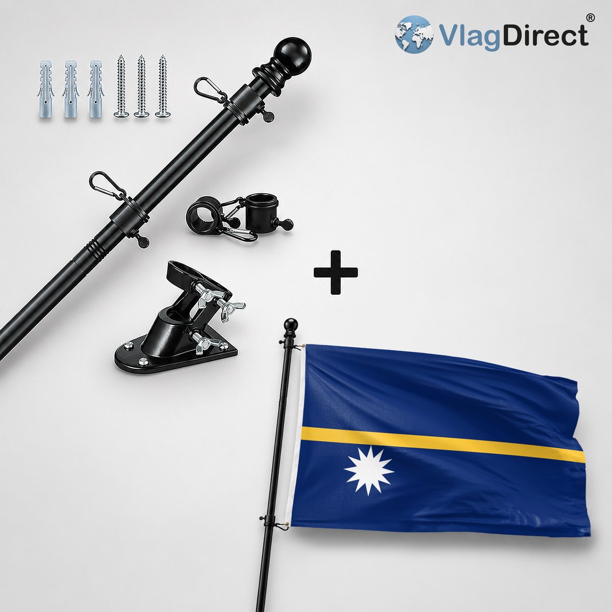 VlagDirect - Compleet vlaggenpakket - Zwarte vlaggenstok inclusief vlaggenstokhouder + Nauruaanse vlag - Nauru vlag - 90 x 150 cm