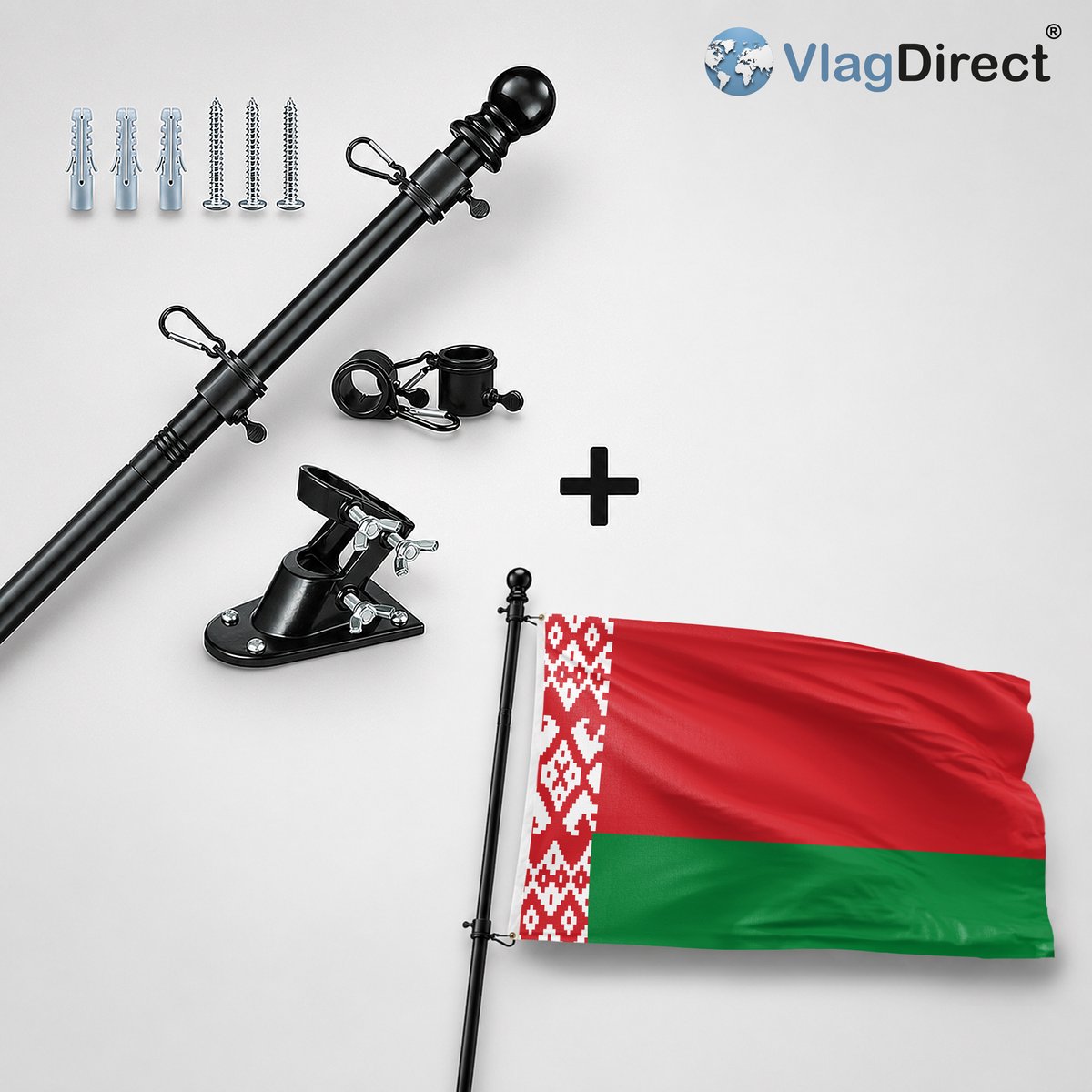 VlagDirect - Compleet vlaggenpakket - Zwarte vlaggenstok inclusief vlaggenstokhouder + Wit-Russische vlag - Wit-Rusland vlag - 90 x 150 cm.