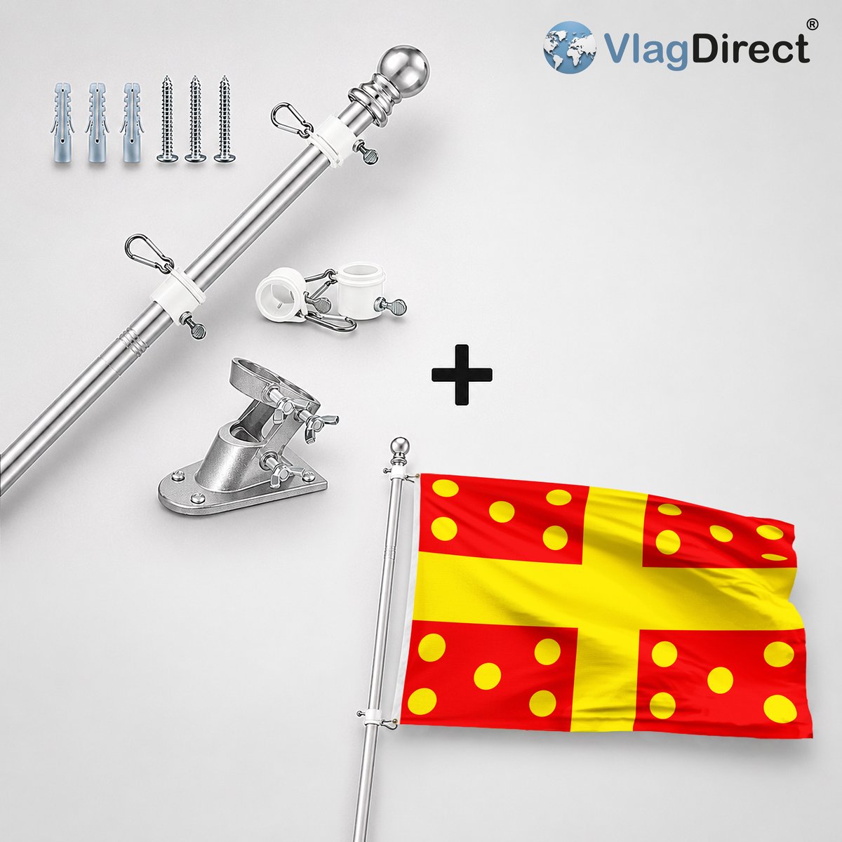 VlagDirect - Compleet vlaggenpakket - Zilveren vlaggenstok inclusief vlaggenstokhouder + Harelbeekse vlag - Gemeente Harelbeke vlag - 90 x 150 cm.