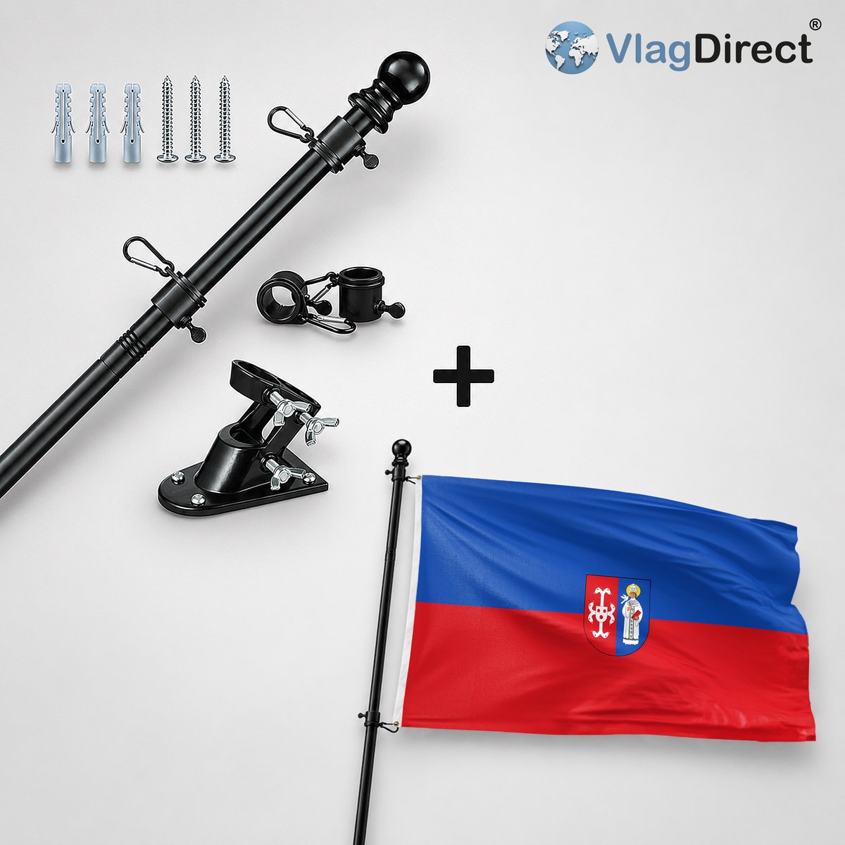 VlagDirect - Compleet vlaggenpakket - Zwarte vlaggenstok inclusief vlaggenstokhouder + Brunssum vlag - Gemeente Brunssum vlag - 90 x 150 cm.