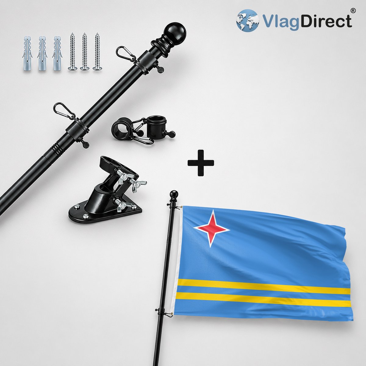 VlagDirect - Compleet vlaggenpakket - Zwarte vlaggenstok inclusief vlaggenstokhouder + Arubaanse vlag - Aruba vlag - 90 x 150 cm.