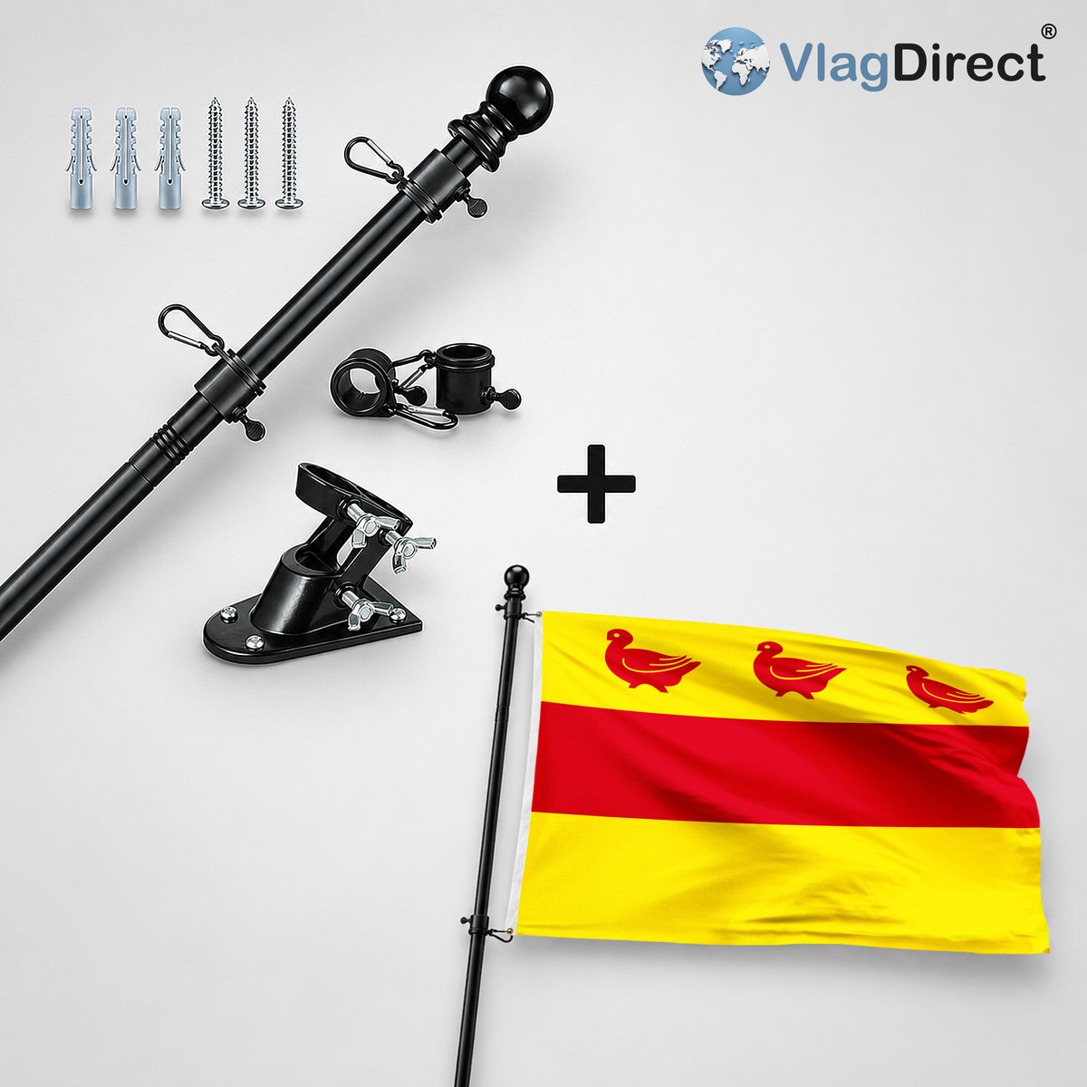 VlagDirect - Compleet vlaggenpakket - Zwarte vlaggenstok inclusief vlaggenstokhouder + Gemeente Sombreffe vlag - 90 x 150 cm.