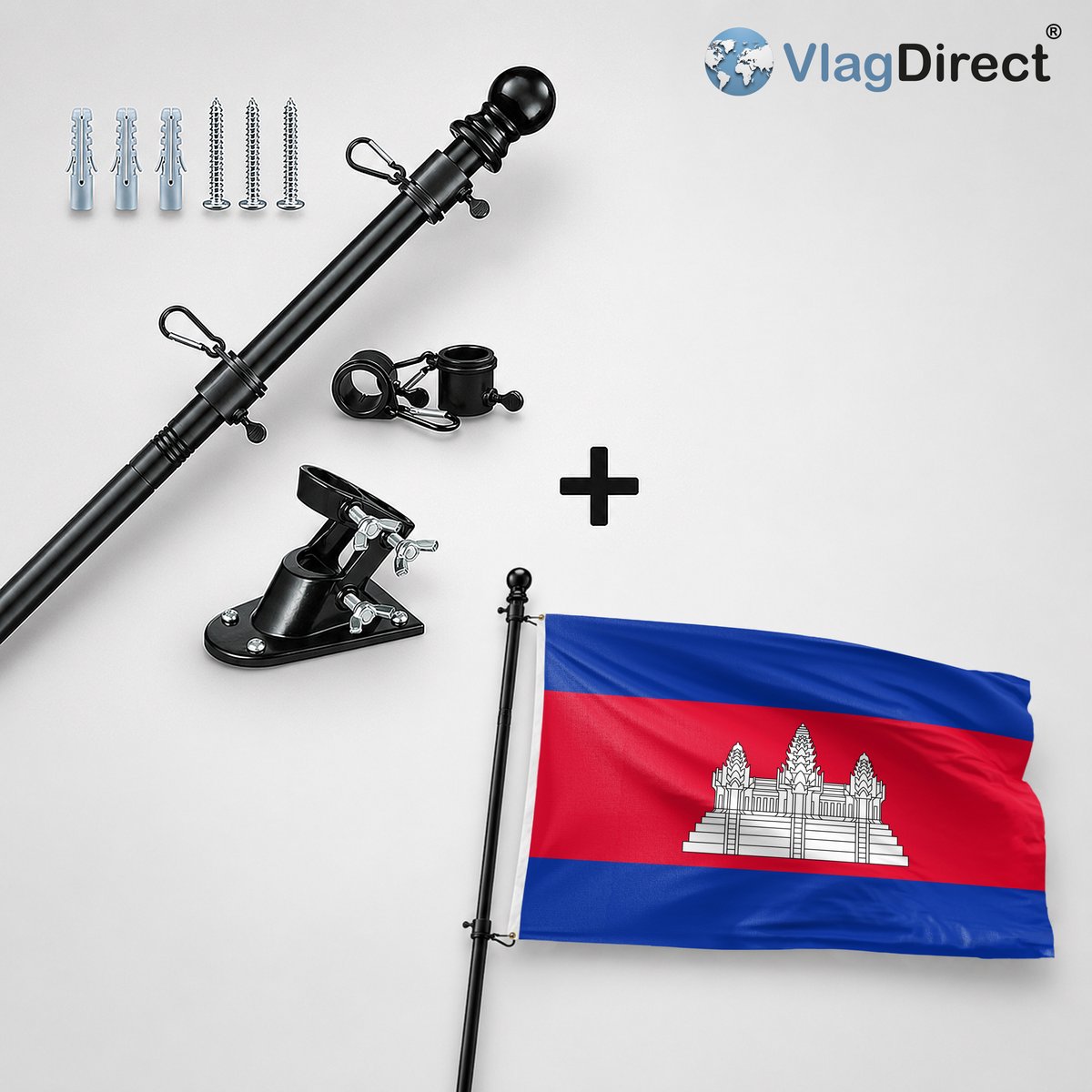VlagDirect - Compleet vlaggenpakket - Zwarte vlaggenstok inclusief vlaggenstokhouder + Cambodjaanse vlag - Cambodja vlag - 90 x 150 cm.