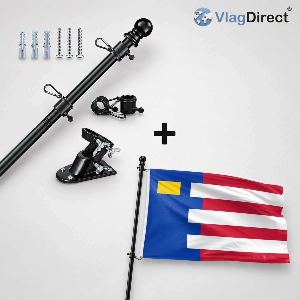 VlagDirect - Compleet vlaggenpakket - Zwarte vlaggenstok inclusief vlaggenstokhouder + Baarle-Nassau vlag - Gemeente Baarle-Nassau vlag - 90 x 150 cm.