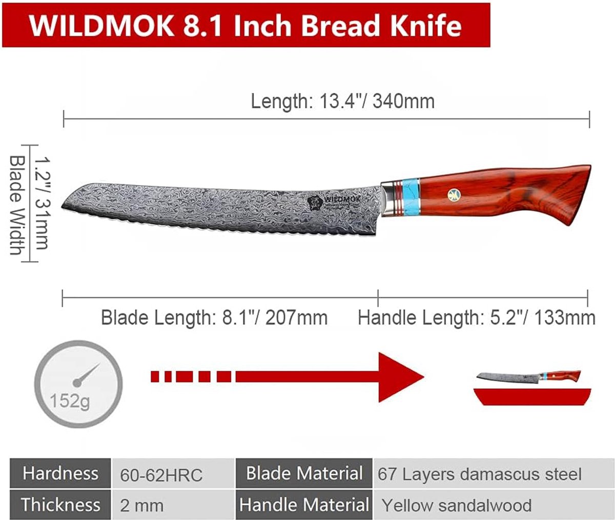 WILDMOK Serrated Bread Knife, Professional 20.5 cm, Kitchen Knife, Premium Damask Knife, Handmade Kitchen Knife, 67 - ShopVlot