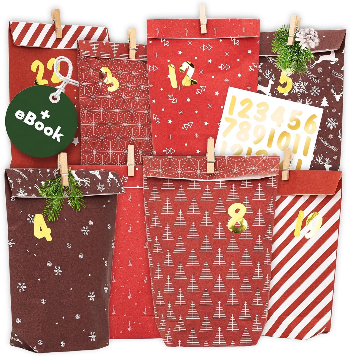 AMARI Adventskalender om te vullen nr. 26 Midnight Red - 24 papieren adventszakjes (met houten klemmen) om te - ShopVlot