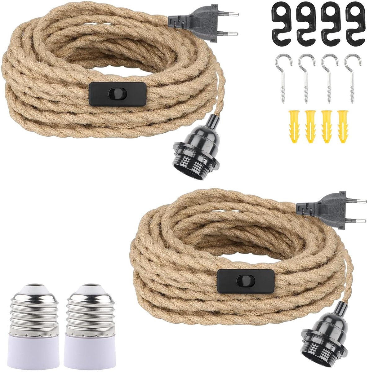 2 Pack E27 Lamp Holder with Switch 6m Hemp Cable DIY - 2 piece E27 fitting set with switch plug and hemp rope cable - ShopVlot