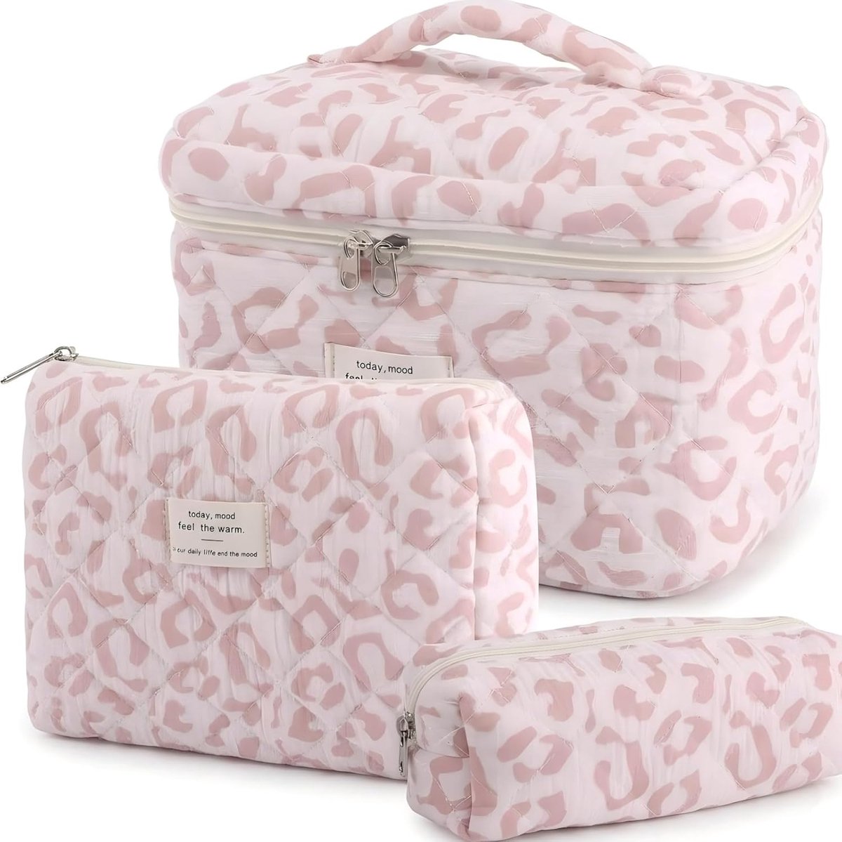 SnelShoppen - 3 Stuks Coquette Make-up Tas Set - Gewatteerde Cosmetische Tas voor Vrouwen - Grote Capaciteit met Bloemen Katoen - Esthetische Toiletta