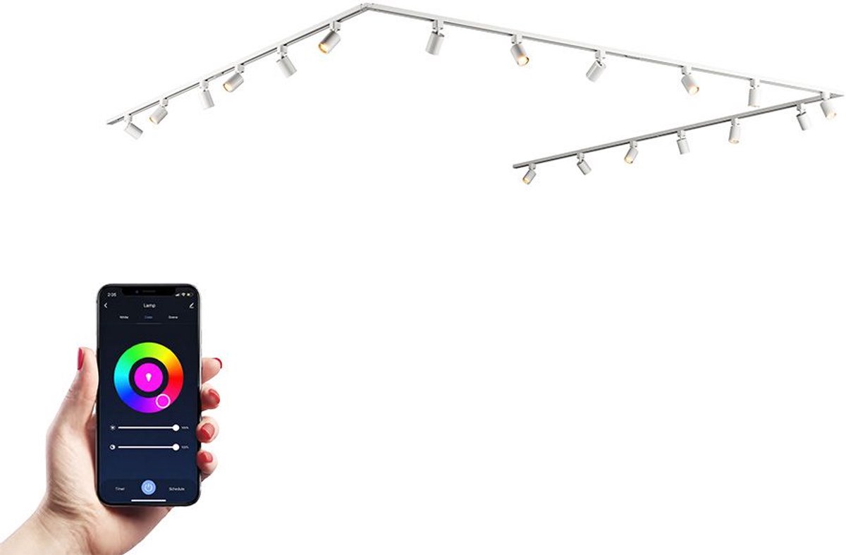 HOFTRONIC railverlichting pakket U-vorm – 6x 1,5 meter rail – 18 RGBWW GU10 railspots – dimbaar via app – aluminium wit – IP20 – modulair – 230V – smart track lights woonkamer keuken